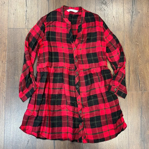 Zara Dresses & Skirts - Zara red plaid flannel button down dress SZ SM